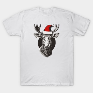 Christmas Moose with Santa Hat T-Shirt